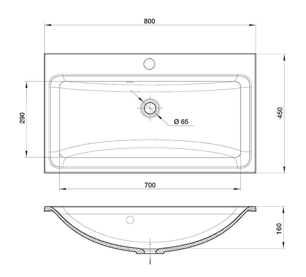 Мебельный умывальник SANTREK AQUA Sink 800 без бортика с отверстием под смеситель 800*450*160 (РВ_800)