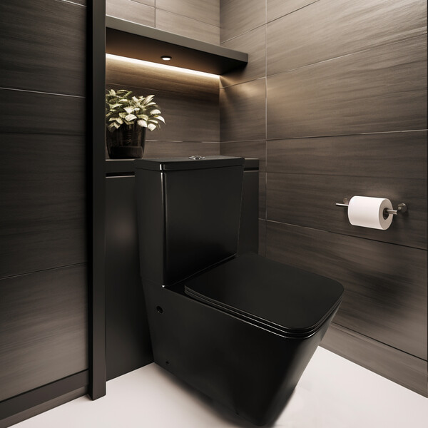 Унитаз-компакт безободковый HOLLER BOX MB (640*340*830мм, сиденье дюропласт с микролифтом, арматура 2-х режимная)  (2 места) черный матовый