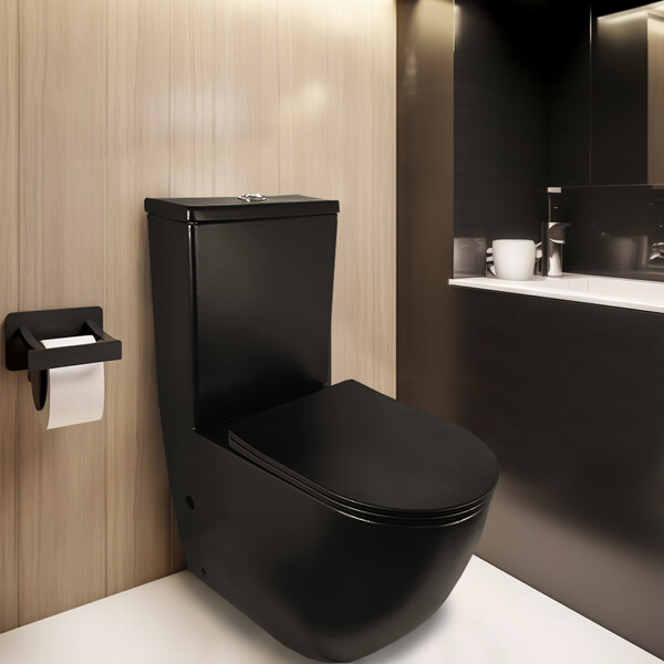 Унитаз-компакт безободковый HOLLER WEST MB (620*360*820мм, сиденье дюропласт с микролифтом, арматура 2-х режимная)  (2 места) черный матовый