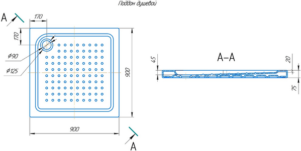 Поддон душевой керамический квадрат 900*900*45 мм г.Киров