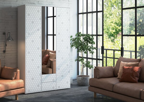 Шкаф Шарм с зеркалом 1350*2100*500 (3 двери+2 ящика) Белый/Белый (МДФ)