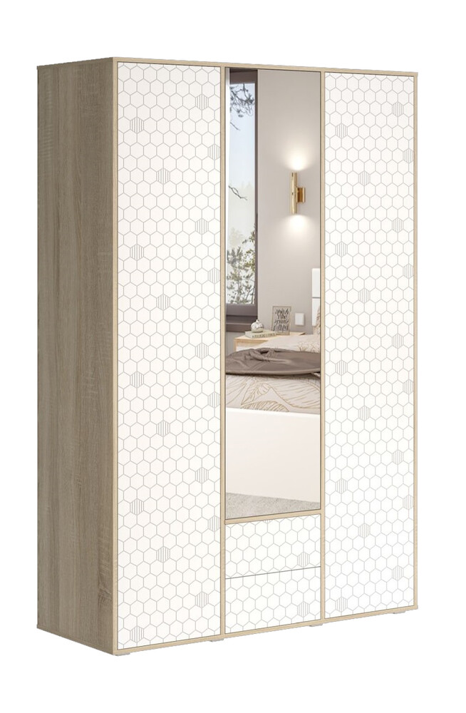 Шкаф Шарм с зеркалом 1350*2100*500 (3 двери+2 ящика) Сонома/Белый (МДФ)