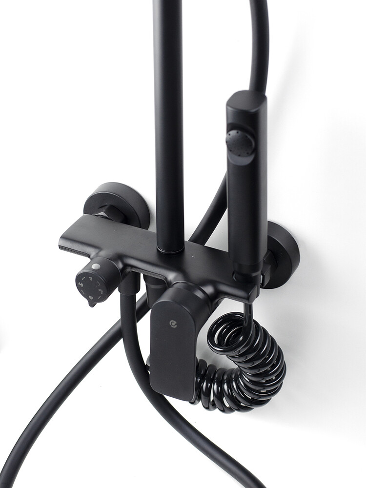 Душевая система SANTREK AQUA-1235 PRESTIGE (SAP-1235)  шар. d-35 с верхним душем, смесителем, гигиен лейкой (черный)