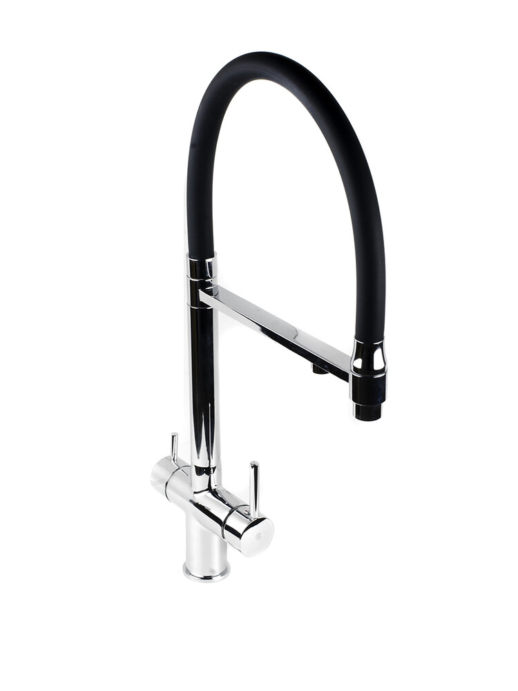 Смеситель Кухня SANTREK AQUA-1031 "PRESTIGE" (SAP-1031) шар. d-35 с гибким силиконовым изливом, с подключением фильтра питьевой воды (хром/черный)