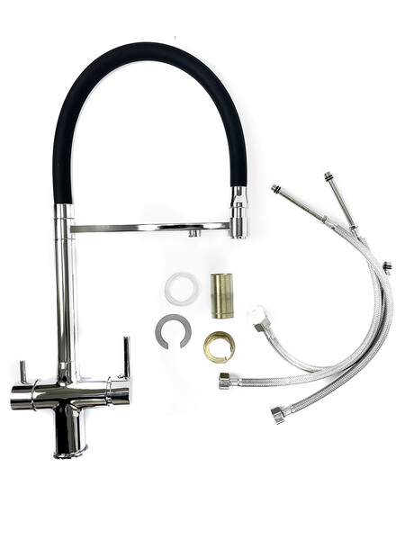 Смеситель Кухня SANTREK AQUA-1031 "PRESTIGE" (SAP-1031) шар. d-35 с гибким силиконовым изливом, с подключением фильтра питьевой воды (хром/черный)