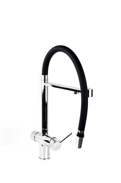 Смеситель Кухня SANTREK AQUA-1031 "PRESTIGE" (SAP-1031) шар. d-35 с гибким силиконовым изливом, с подключением фильтра питьевой воды (хром/черный)