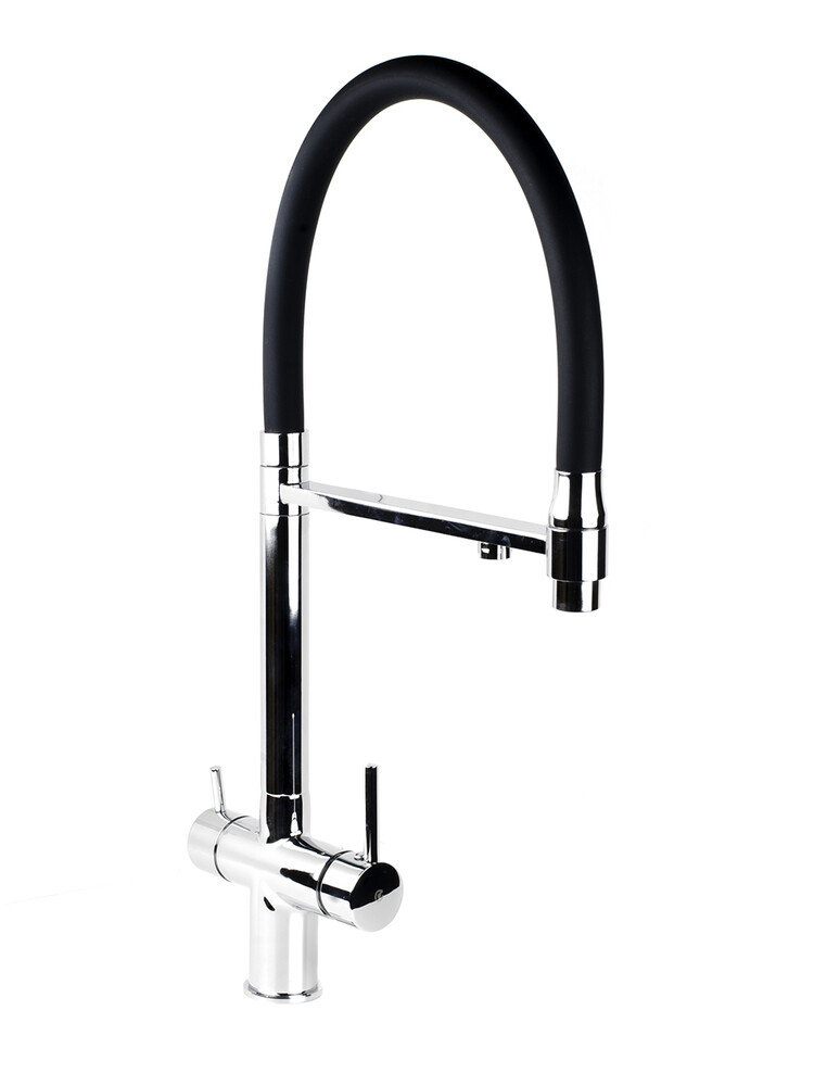 Смеситель Кухня SANTREK AQUA-1031 "PRESTIGE" (SAP-1031) шар. d-35 с гибким силиконовым изливом, с подключением фильтра питьевой воды (хром/черный)