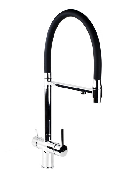 Смеситель Кухня SANTREK AQUA-1031 "PRESTIGE" (SAP-1031) шар. d-35 с гибким силиконовым изливом, с подключением фильтра питьевой воды (хром/черный)