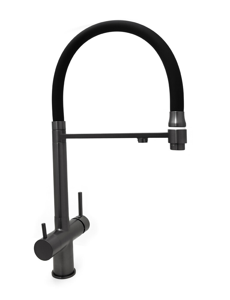 Смеситель Кухня SANTREK AQUA-1032 "PRESTIGE" (SAP-1032) шар. d-35 с гибким силиконовым изливом, с подключением фильтра питьевой воды (оруж сталь)