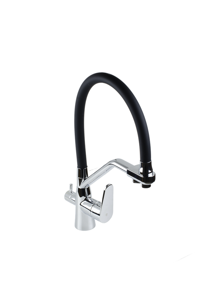  Смеситель Кухня SANTREK AQUA-1037 "PRESTIGE" (SAP-1037) шар. d-35 с гибким силиконовым изливом, с подключением фильтра питьевой воды (черный/хром)