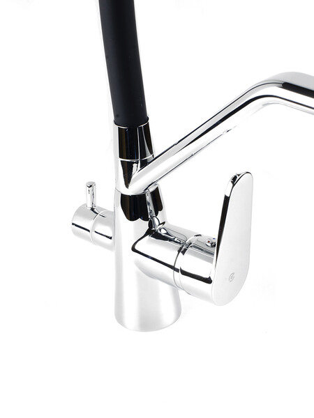  Смеситель Кухня SANTREK AQUA-1037 "PRESTIGE" (SAP-1037) шар. d-35 с гибким силиконовым изливом, с подключением фильтра питьевой воды (черный/хром)