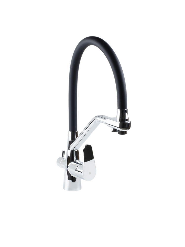  Смеситель Кухня SANTREK AQUA-1037 "PRESTIGE" (SAP-1037) шар. d-35 с гибким силиконовым изливом, с подключением фильтра питьевой воды (черный/хром)