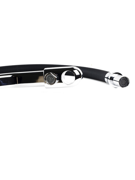  Смеситель Кухня SANTREK AQUA-1037 "PRESTIGE" (SAP-1037) шар. d-35 с гибким силиконовым изливом, с подключением фильтра питьевой воды (черный/хром)