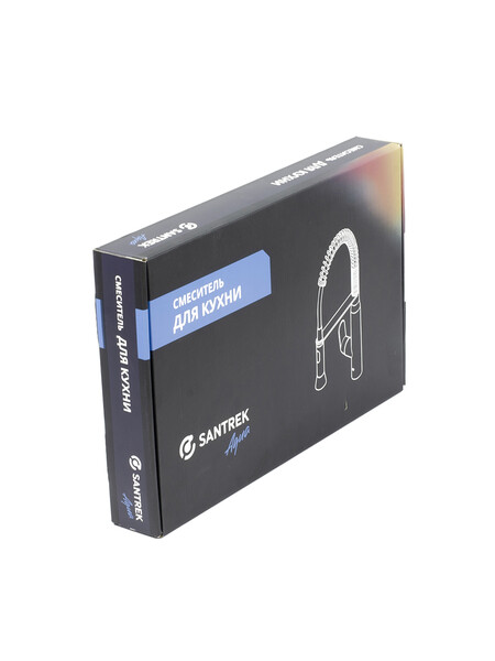  Смеситель Кухня SANTREK AQUA-1037 "PRESTIGE" (SAP-1037) шар. d-35 с гибким силиконовым изливом, с подключением фильтра питьевой воды (черный/хром)