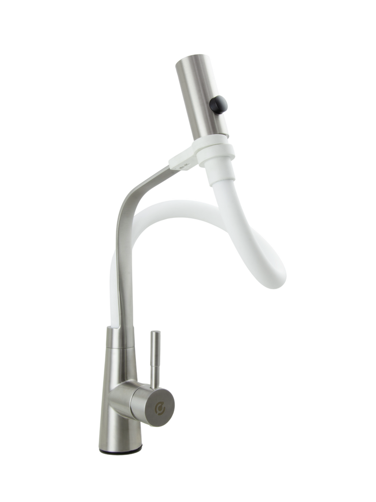 Смеситель Кухня SANTREK AQUA-821  "INOX"  шар. d-35 нерж, с гибким силиконовым изливом (белый)   СНИЖЕНА ЦЕНА !!!