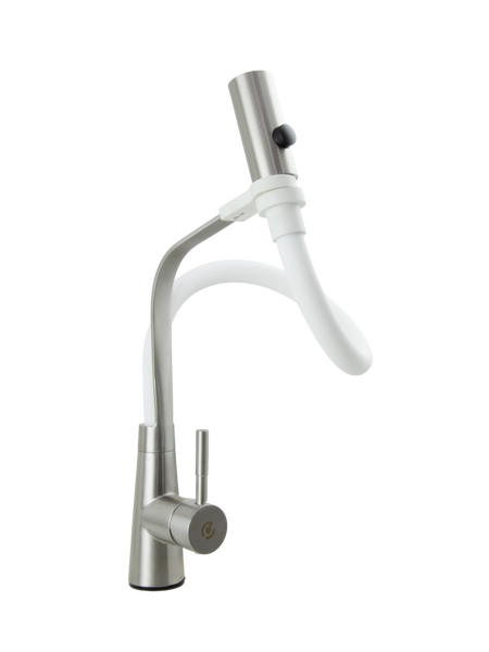 Смеситель Кухня SANTREK AQUA-821  "INOX"  шар. d-35 нерж, с гибким силиконовым изливом (белый)   СНИЖЕНА ЦЕНА !!!
