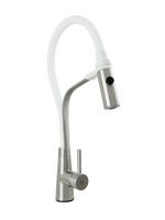 Смеситель Кухня SANTREK AQUA-821  "INOX"  шар. d-35 нерж, с гибким силиконовым изливом (белый)   СНИЖЕНА ЦЕНА !!!