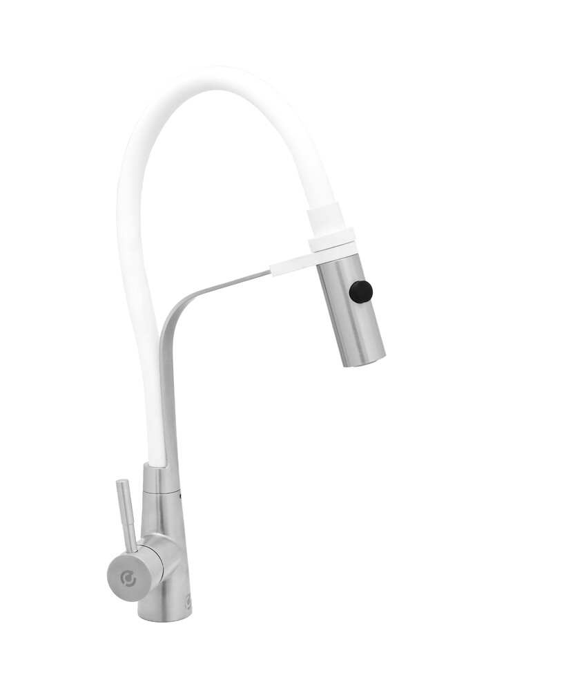 Смеситель Кухня SANTREK AQUA-821  "INOX"  шар. d-35 нерж, с гибким силиконовым изливом (белый)   СНИЖЕНА ЦЕНА !!!