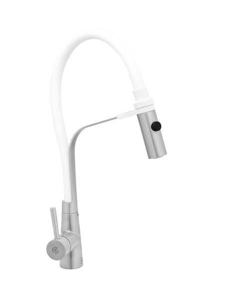 Смеситель Кухня SANTREK AQUA-821  "INOX"  шар. d-35 нерж, с гибким силиконовым изливом (белый)   СНИЖЕНА ЦЕНА !!!