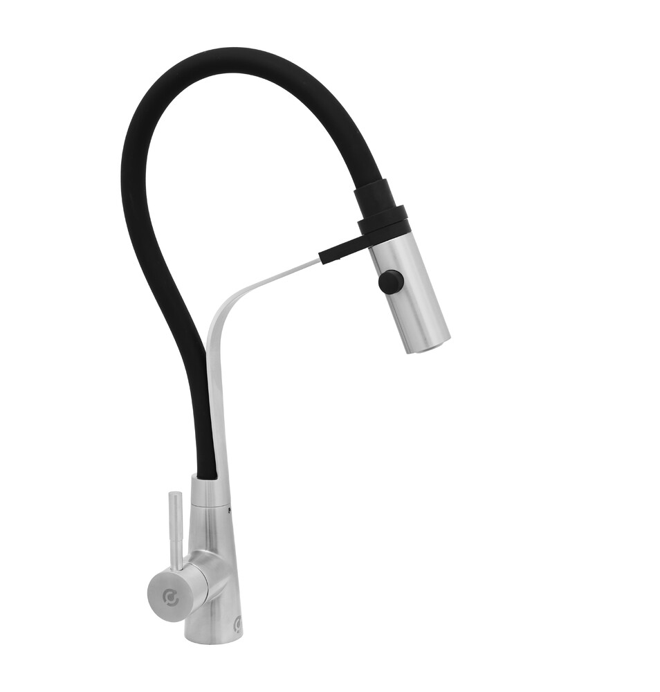 Смеситель Кухня SANTREK AQUA-822  "INOX"  шар. d-35 нерж, с гибким силиконовым изливом (черный)   СНИЖЕНА ЦЕНА !!!