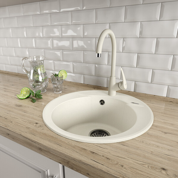 Мойка 9910002 SULA 500 кухонная из кварцгранита, БЕЖЕВЫЙ круглая 1 чаша (крепеж, сливная арматура с 