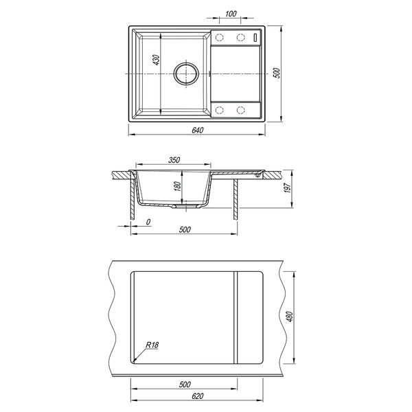Мойка 9910023 IMANDRA 640 кухонная из кварцгранита, СЕРЫЙ ШЕЛК 640*500 прямоугольная с крылом 1 чаша