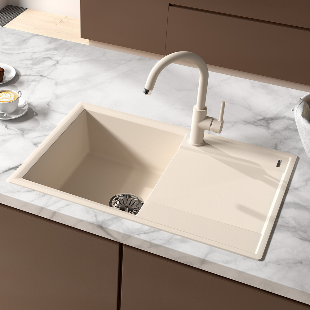 Мойка 9910026 IMANDRA 760 кухонная из кварцгранита, БЕЖЕВЫЙ 760*500 прямоугольная с крылом 1 чаша (крепеж, сливная арматура с переливом) LEMARK