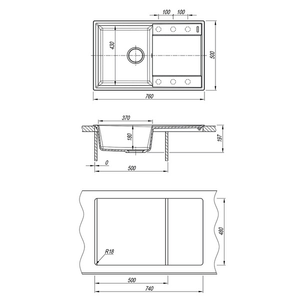 Мойка 9910028 IMANDRA 760 кухонная из кварцгранита, ЖАСМИН 760*500 прямоугольная с крылом 1 чаша (кр