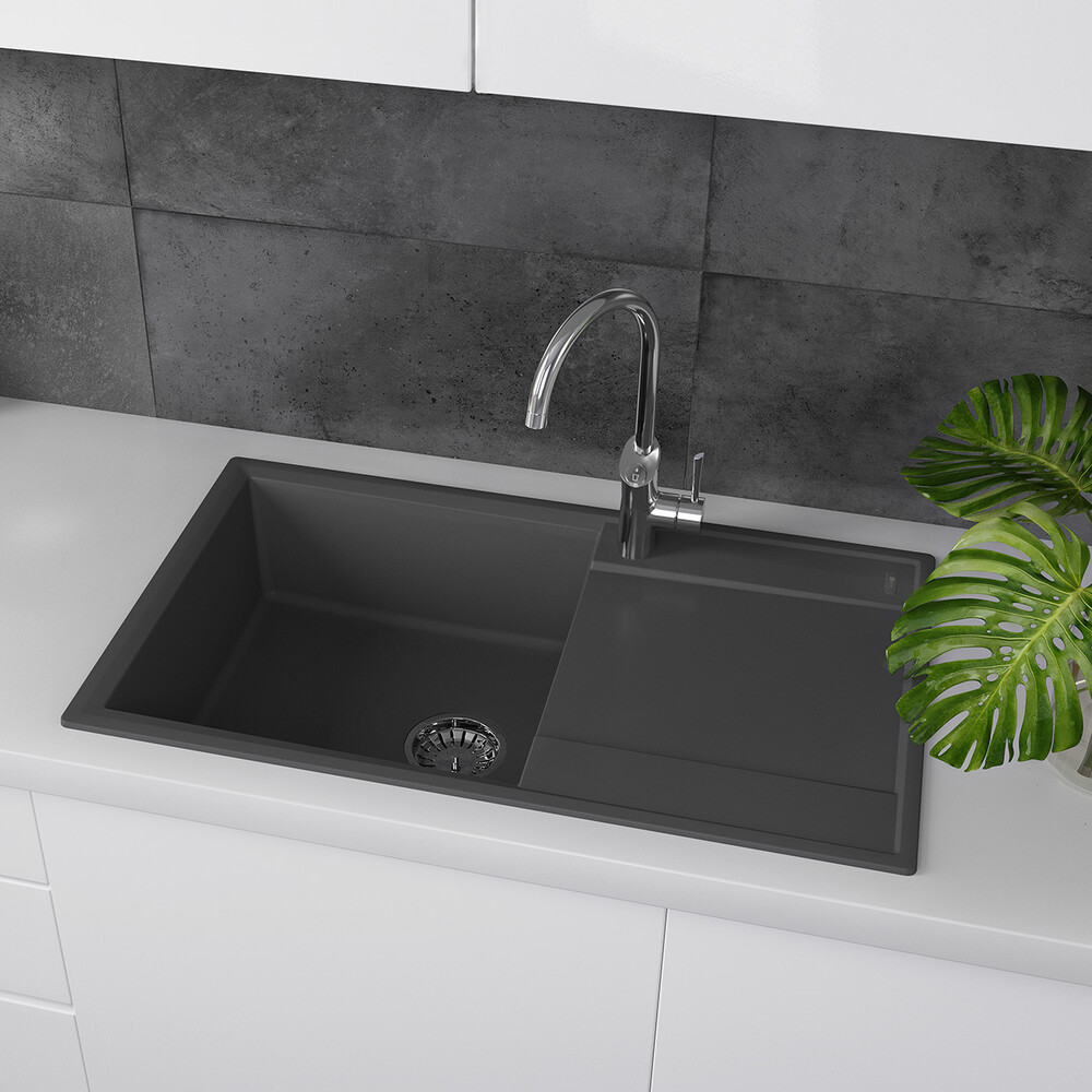 Мойка 9910035 IMANDRA 840 кухонная из кварцгранита, СЕРЫЙ ШЕЛК 840*500 прямоугольная с крылом 1 чаша (крепеж, сливная арматура с переливом) LEMARK