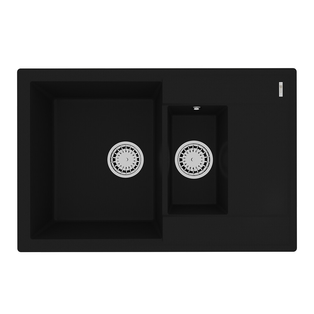 Мойка 9910037 RAMZA 760 кухонная из кварцгранита, АНТРАЦИТ 760*500 прямоугольная с крылом 1,5 чаши (крепеж, сливная арматура с переливом) LEMARK