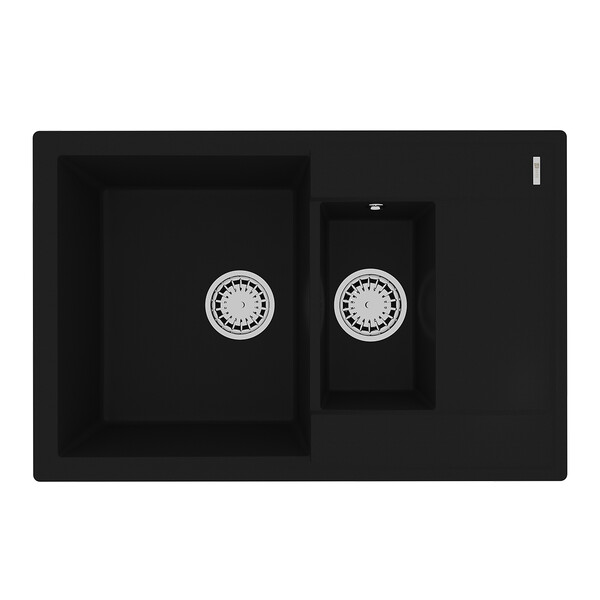 Мойка 9910037 RAMZA 760 кухонная из кварцгранита, АНТРАЦИТ 760*500 прямоугольная с крылом 1,5 чаши (крепеж, сливная арматура с переливом) LEMARK