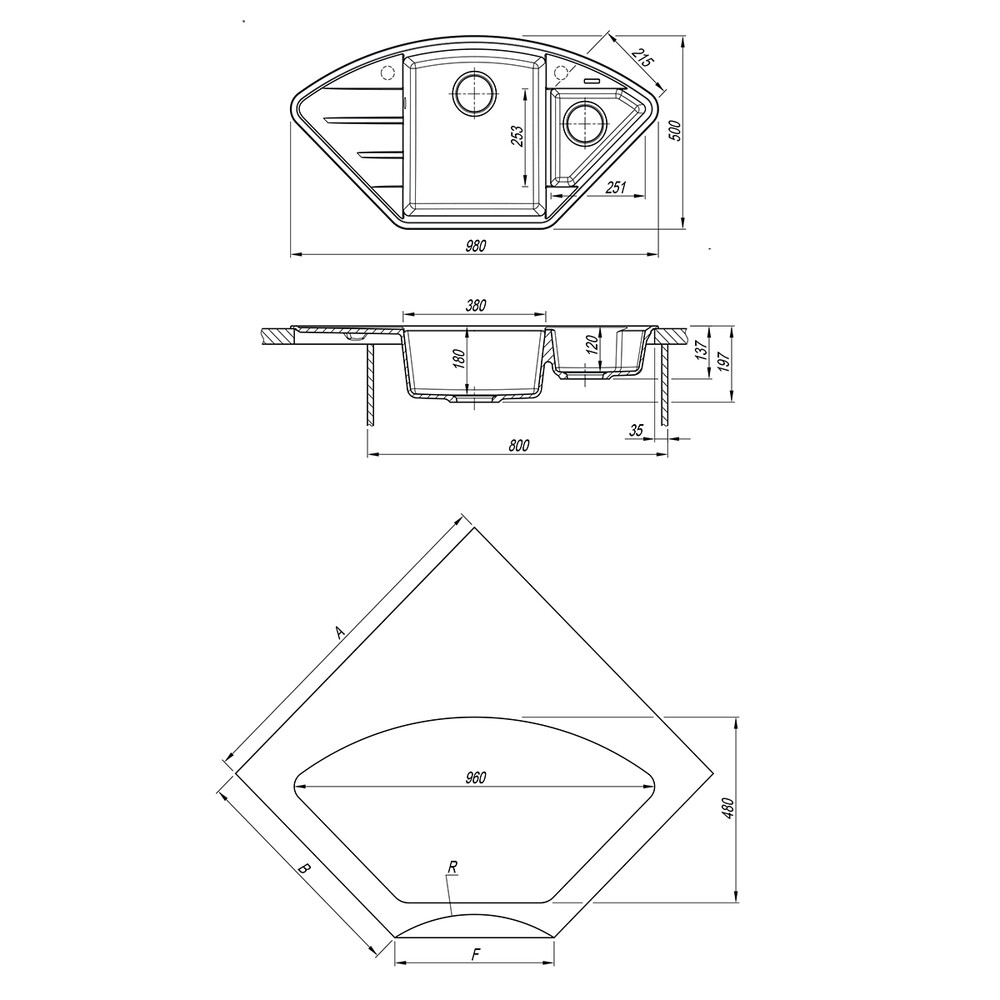 Мойка 9910043 IRKANA 980 кухонная из кварцгранита, АНТРАЦИТ 980*500 угловая с доп.чашей и крылом сле