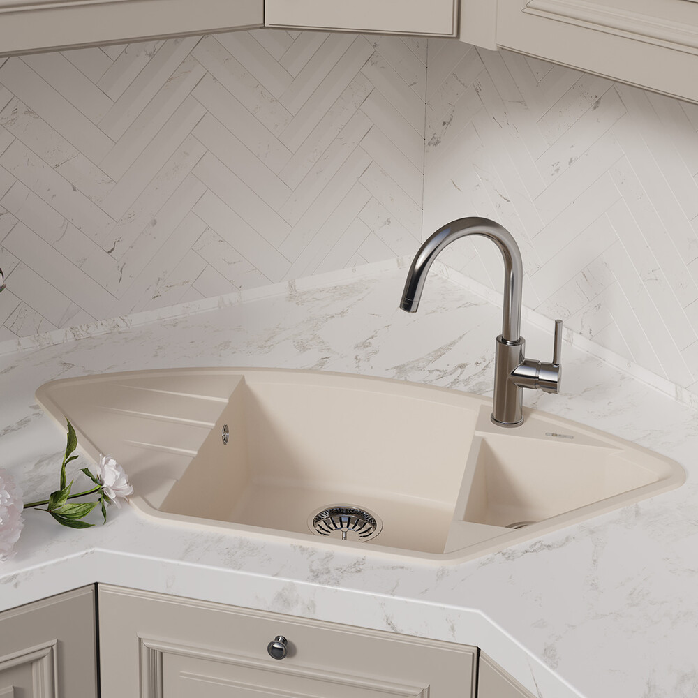 Мойка 9910044 IRKANA 980 кухонная из кварцгранита, БЕЖЕВЫЙ 980*500 угловая с доп.чашей и крылом слев