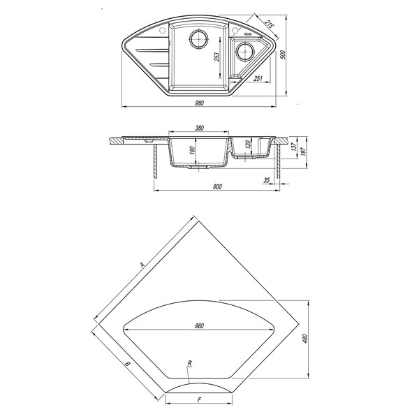 Мойка 9910048 IRKANA 980 кухонная из кварцгранита, ШАМПАНЬ 980*500 угловая с доп.чашей и крылом слев
