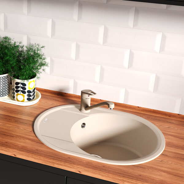 Мойка 9910050 LACHA 620 кухонная из кварцгранита, БЕЖЕВЫЙ 620*470 овальная с крылом 1 чаша (крепеж, 