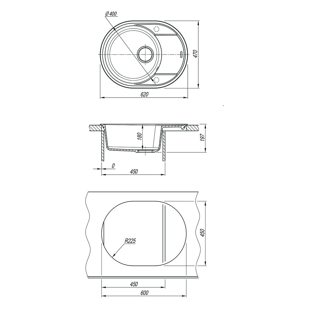 Мойка 9910054 LACHA 620 кухонная из кварцгранита, ШАМПАНЬ 620*470 овальная с крылом 1 чаша (крепеж, 