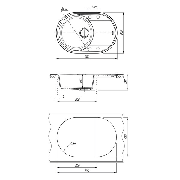 Мойка 9910055 LACHA 760 кухонная из кварцгранита, АНТРАЦИТ 760*500 овальная с крылом 1 чаша (крепеж,
