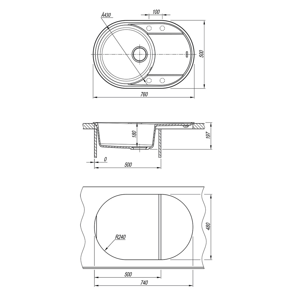 Мойка 9910059 LACHA 760 кухонная из кварцгранита, СЕРЫЙ ШЕЛК 760*500 овальная с крылом 1 чаша (крепе