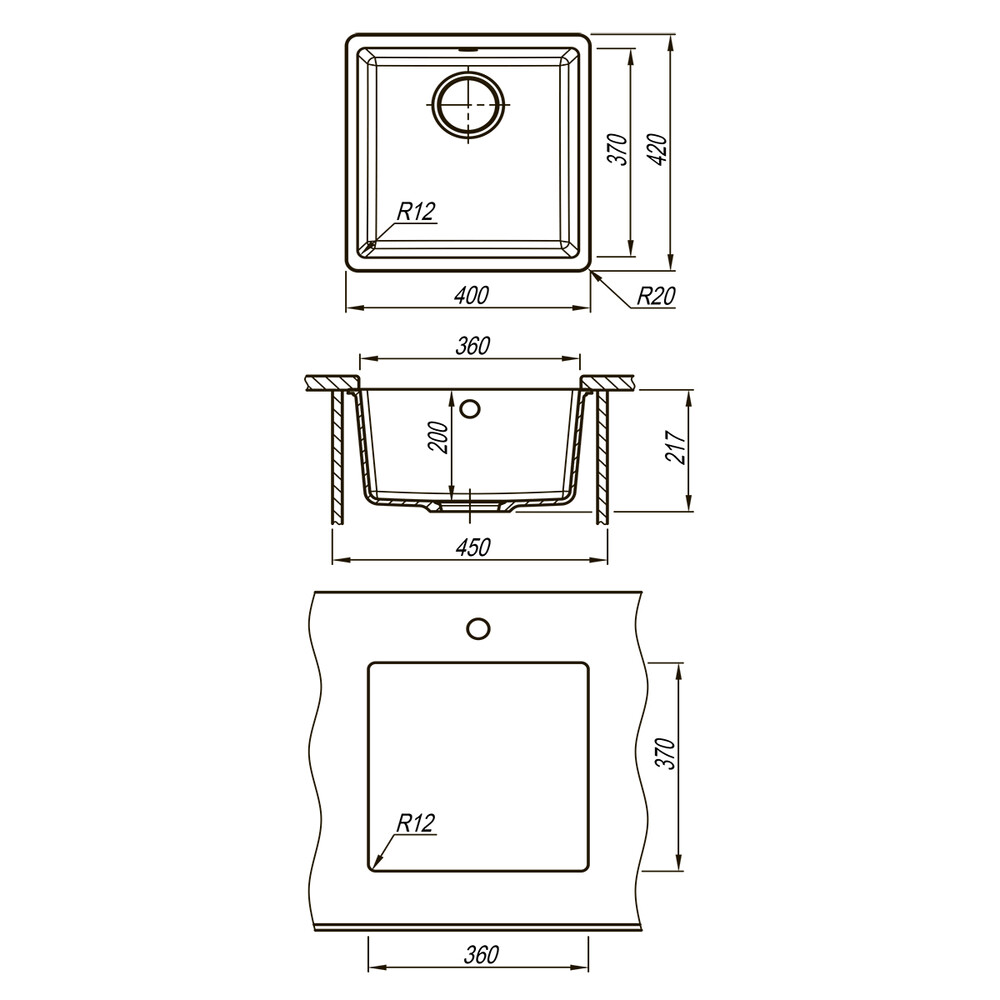 Мойка 9910066 SINARA 400-U кухонная подстольная из кварцгранита, ШАМПАНЬ 400*420 прямоугольная 1 чаш