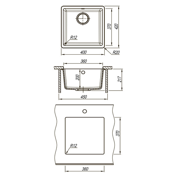 Мойка 9910066 SINARA 400-U кухонная подстольная из кварцгранита, ШАМПАНЬ 400*420 прямоугольная 1 чаш