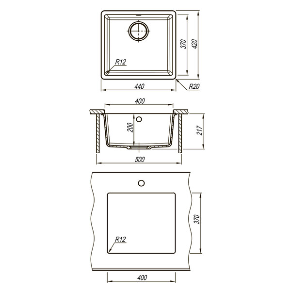 Мойка 9910067 SINARA 440-U кухонная подстольная из кварцгранита, АНТРАЦИТ 440*420 прямоугольная 1 чаша (крепеж, сливная арматура с переливом) LEMARK