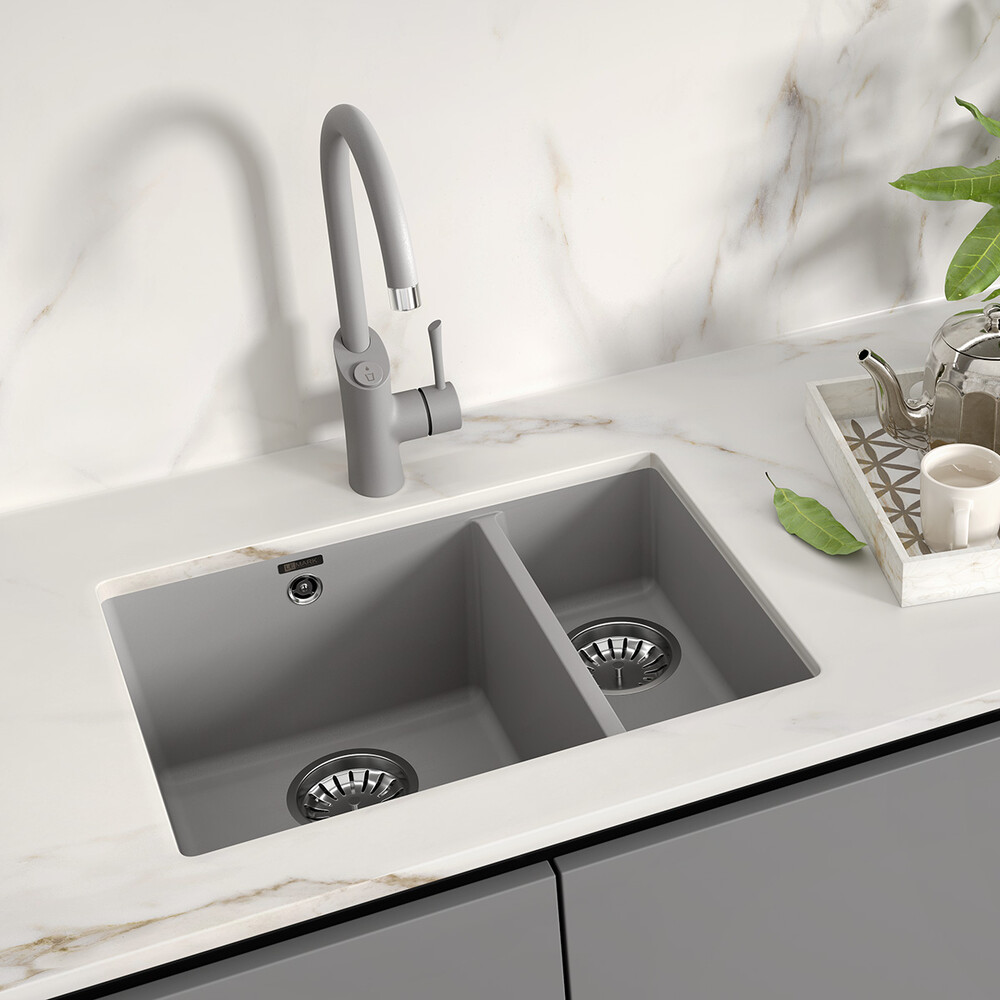Мойка 9910081 SINARA 550.2-U кухонная подстольная из кварцгранита, ГРЕЙ 550*420 прямоугольная 1,5 ча
