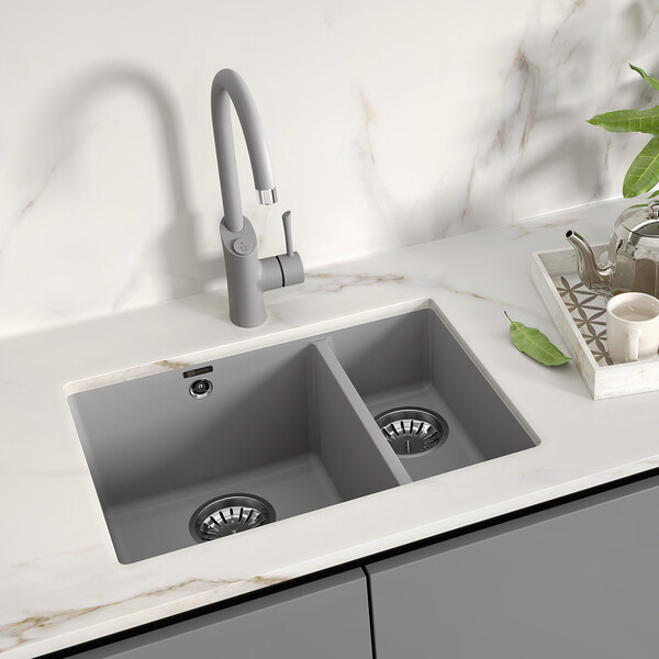 Мойка 9910081 SINARA 550.2-U кухонная подстольная из кварцгранита, ГРЕЙ 550*420 прямоугольная 1,5 ча