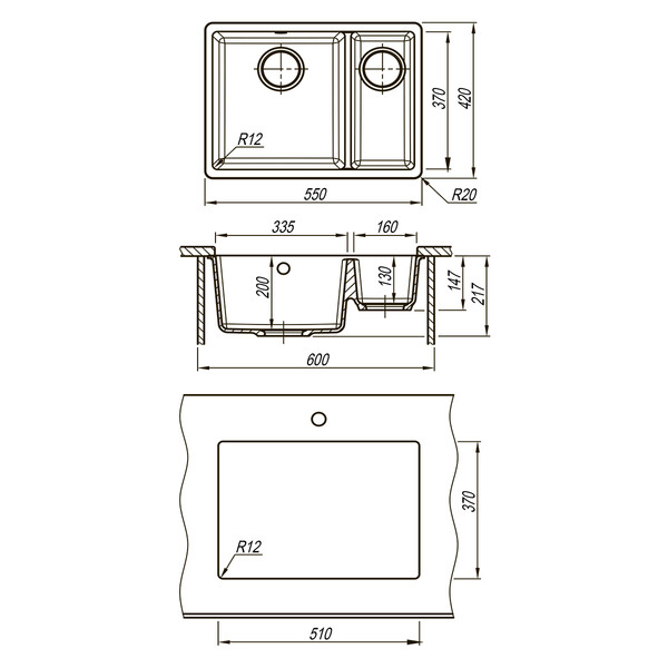 Мойка 9910083 SINARA 550.2-U кухонная подстольная из кварцгранита СЕРЫЙ ШЕЛК 550*420 прямоугольная 1