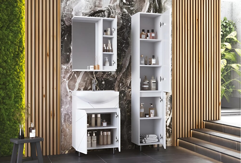 Подстолье SANTREK HOME "Джой-50" (Белый глянец) 2 двери под умывальник "Ладога-50" 470х800х282