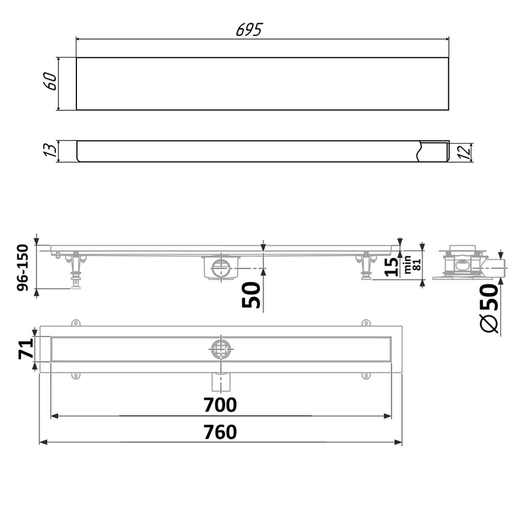 DP20-700-PG20-700  Водоотводящий желоб TIMO из нержавеющей стали + нерж решетка (основа под плитку)