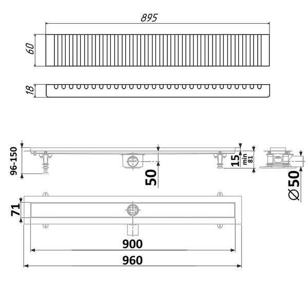 DP20-600-LG20-600  Водоотводящий желоб TIMO из нержавеющей стали + нерж решетка (LINE GRID)