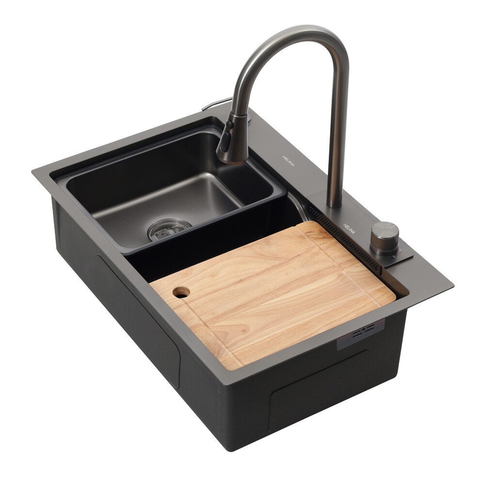 Мойка нерж врезная 680х460х220 т 3,0 ГРАФИТ D6846B+6  (+ сифон) AISI 304 + Подарок (Колландер, фруктовница, доска, 2 смесителя, дозатор) MLN