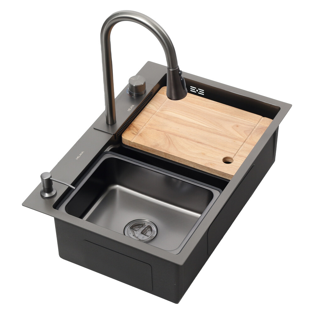 Мойка нерж врезная 680х460х220 т 3,0 ГРАФИТ D6846B+6  (+ сифон) AISI 304 + Подарок (Колландер, фруктовница, доска, 2 смесителя, дозатор) MLN