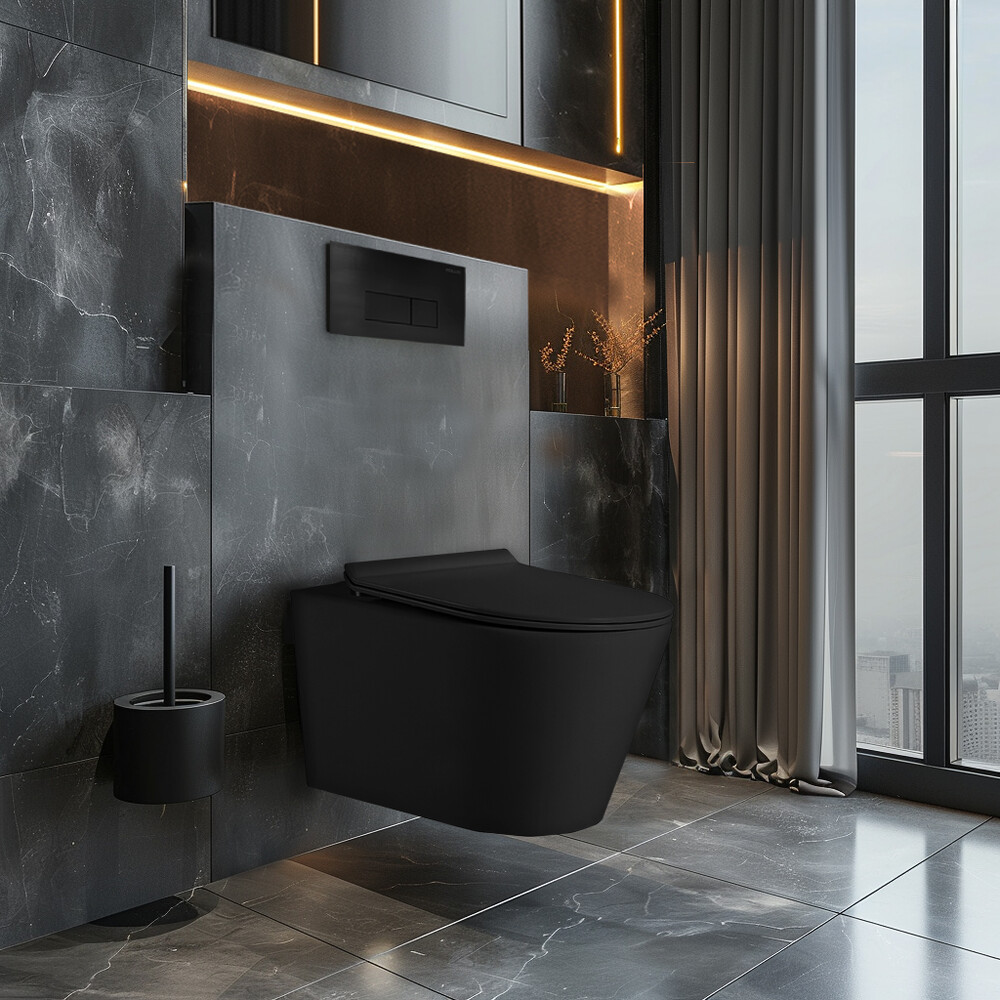 Унитаз подвесной безободковый (Торнадо) HOLLER WIND MB (530*360*350мм, сиденье дюропласт, микролифт) черный матовый